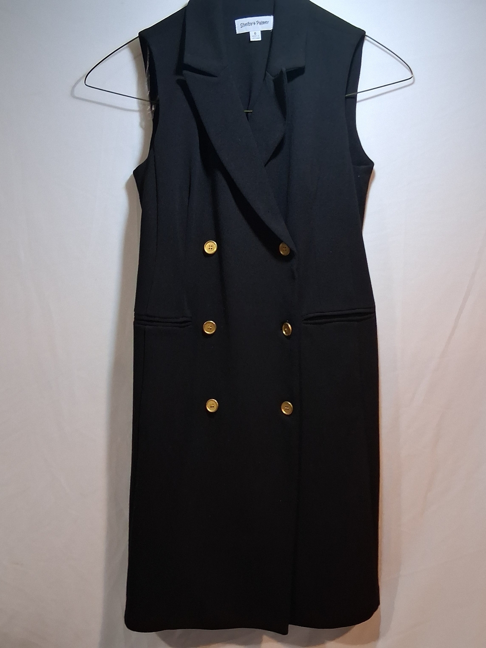 Shelby & Palmer Sleeveless Black Double-Breasted Midi Dress with Gold Buttons
